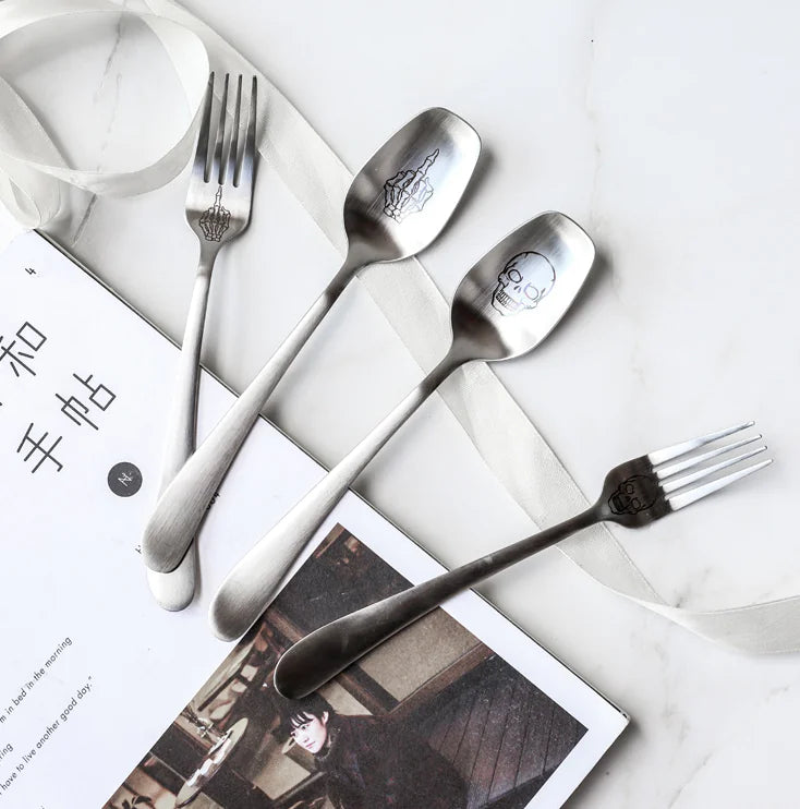 White Fork and Spoon, 304 Stainless Steel Skull Cutlery