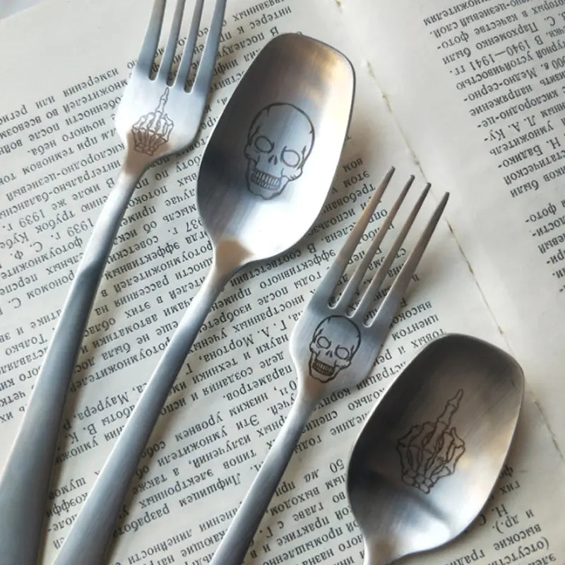 White Fork and Spoon, 304 Stainless Steel Skull Cutlery