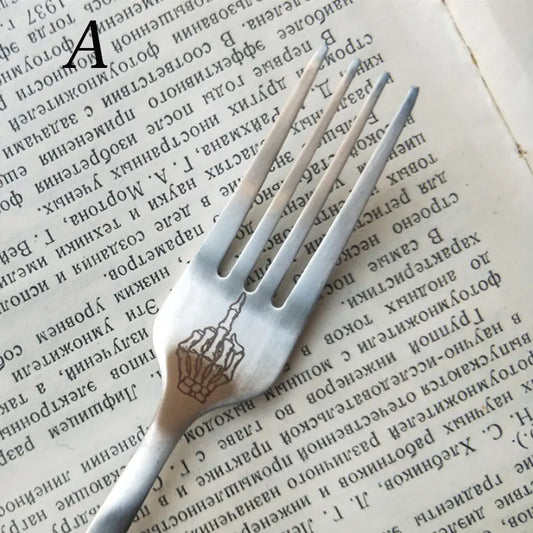 White Fork and Spoon, 304 Stainless Steel Skull Cutlery